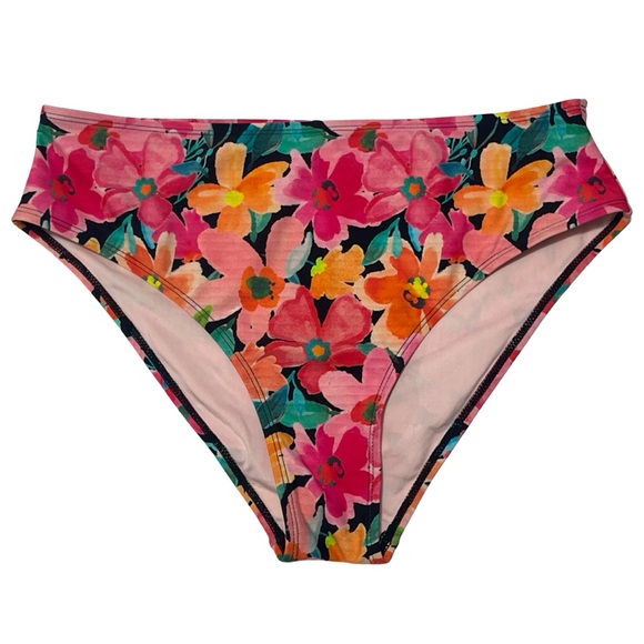 Floral Pink Smocked Bandeau Mid Rise Two Piece Bikini Set Adjustable Halter Top - Picture 13 of 15